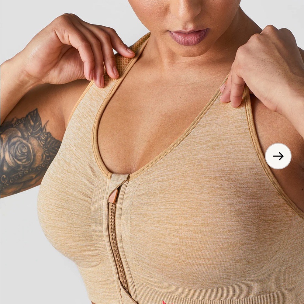 SHEFIT Beige Zip-Front Sports Bra Lounge Bra 3 luxe Honey Wheat